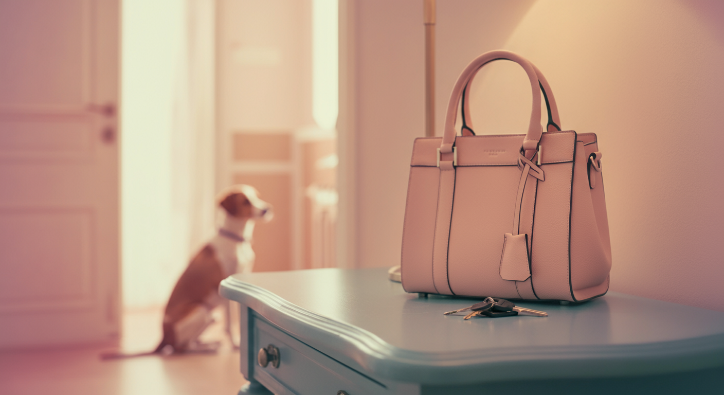 玄関のテーブルに置かれたカバンと鍵にピントが合っており、背景では犬が静かに座って待っている。