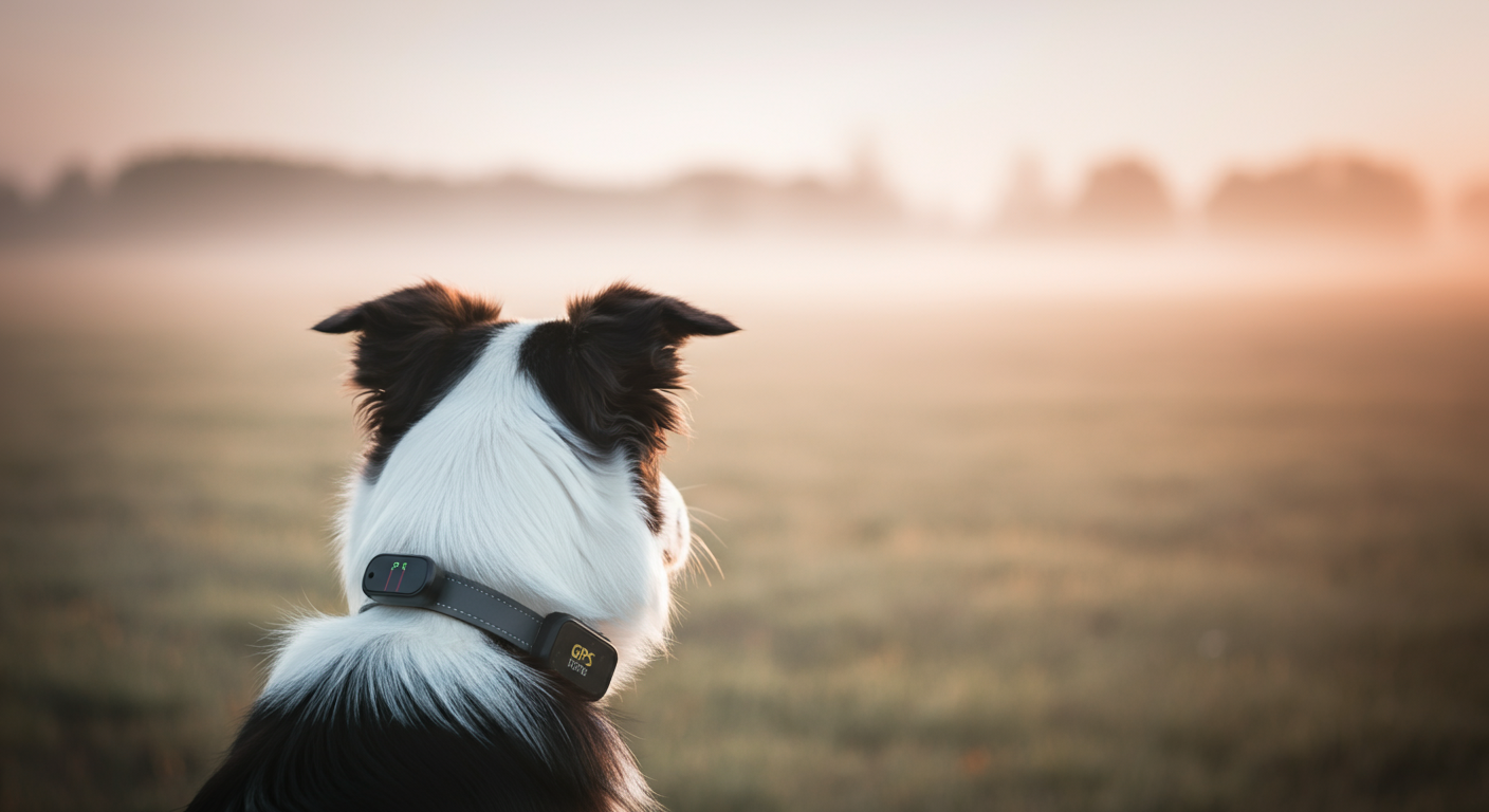 広大な野原の日の出を眺める犬の後ろ姿。首輪のGPSトラッカーに焦点が合っている。