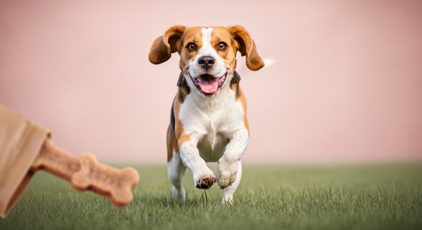 パステルカラーの広々とした野原を、飼い主に向かって嬉しそうに走ってくる一匹のビーグル犬。