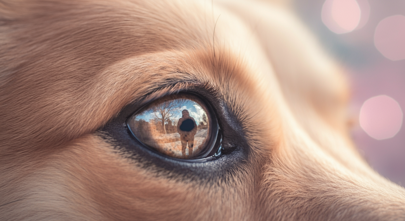 飼い主のシルエットを映す犬の瞳のクローズアップ写真。集中と絆を表している。