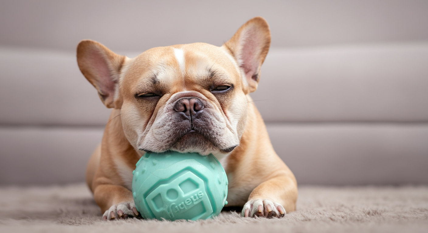 丈夫なボールに顎をのせて、満足そうに休んでいるフレンチブルドッグの写真。