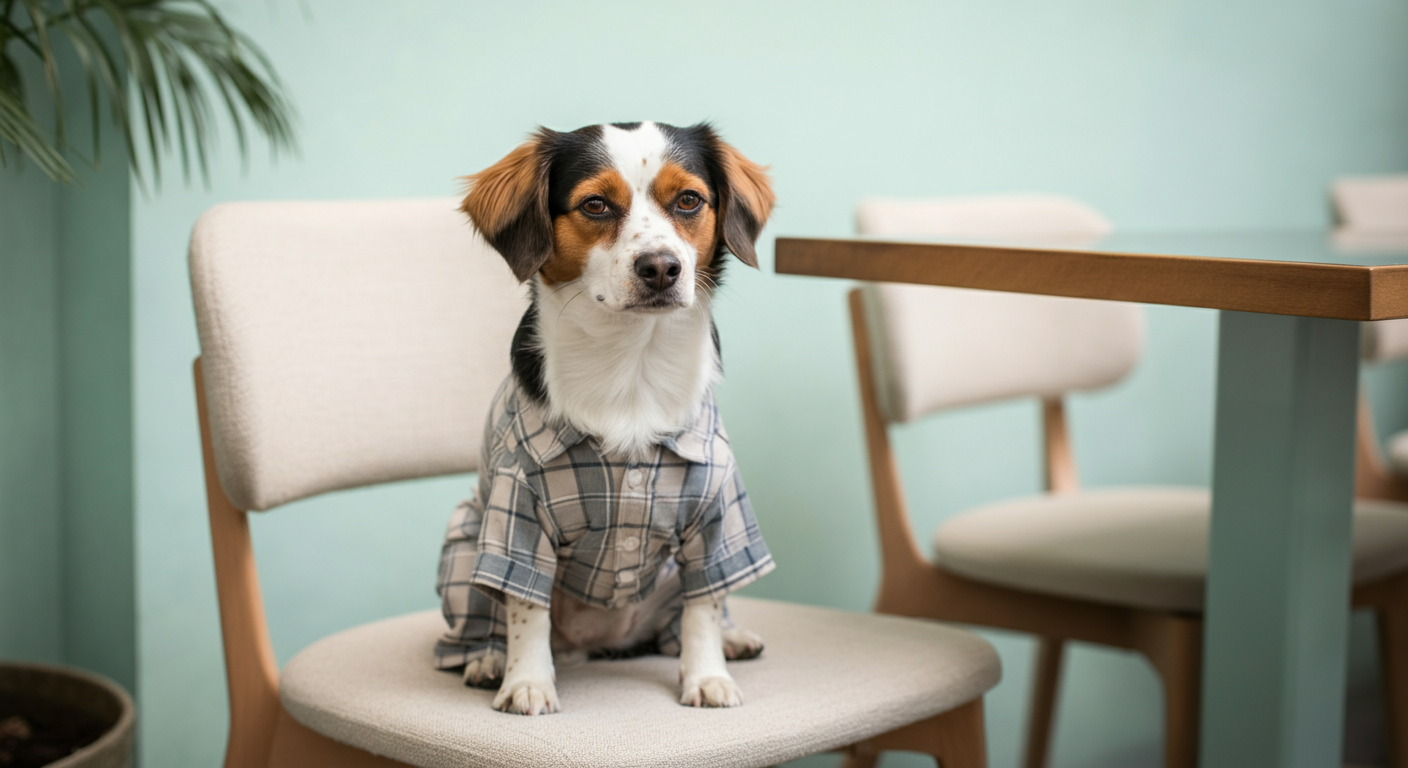 犬同伴可能なカフェのおしゃれな椅子の上で、マナーパンツを履いてお行儀よく座っている犬。