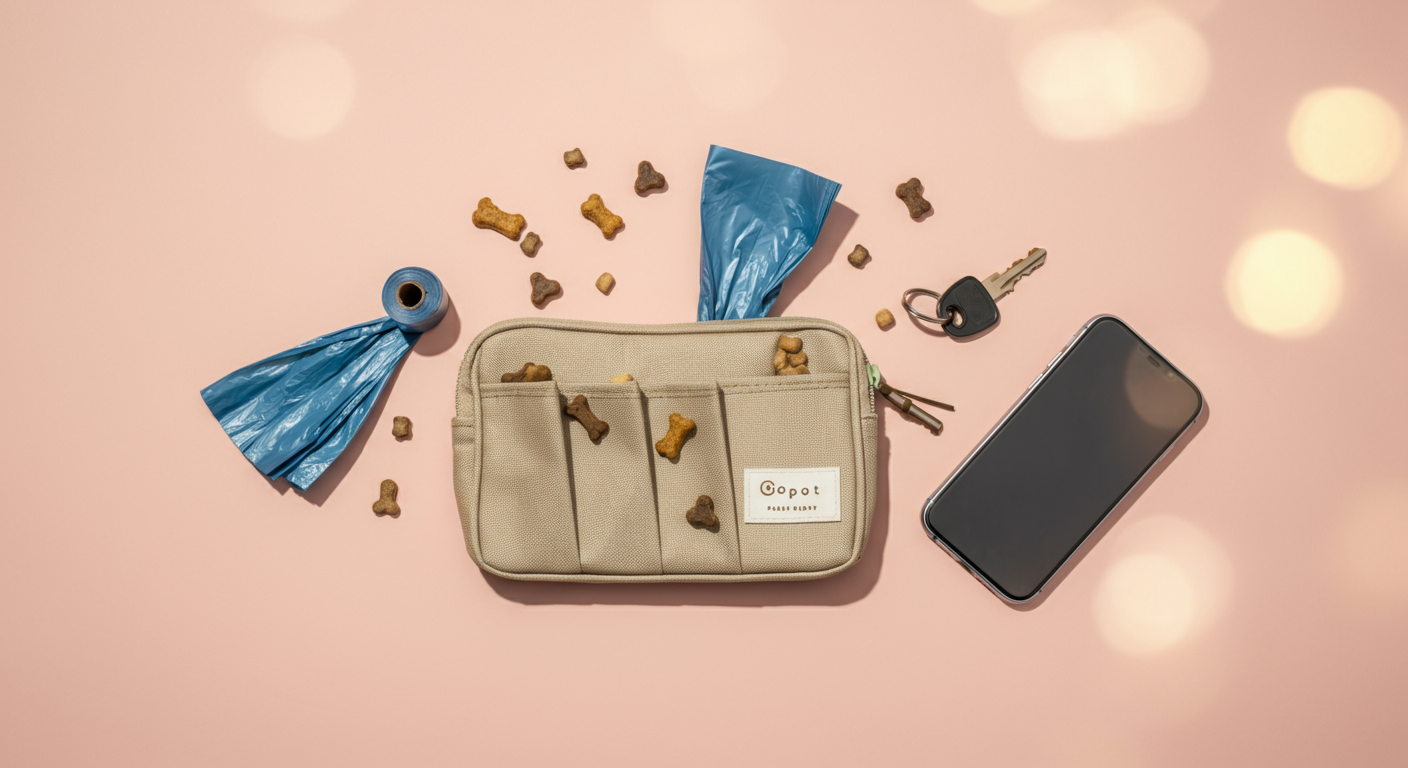 多機能トリーツポーチの隣に、うんち袋、鍵、スマートフォンが整然と並べられた俯瞰写真。