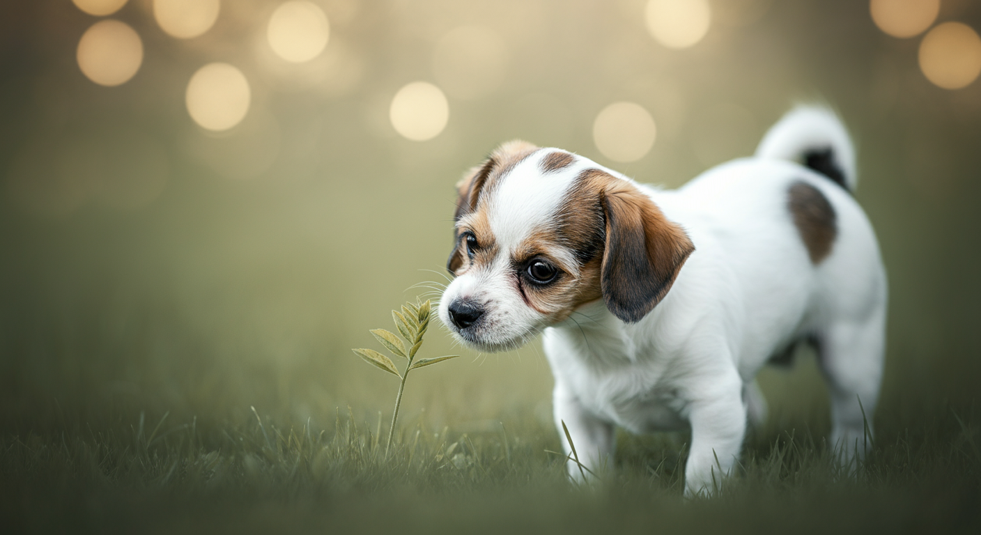 小型犬が地面の草の匂いをそっと嗅いでいる様子。