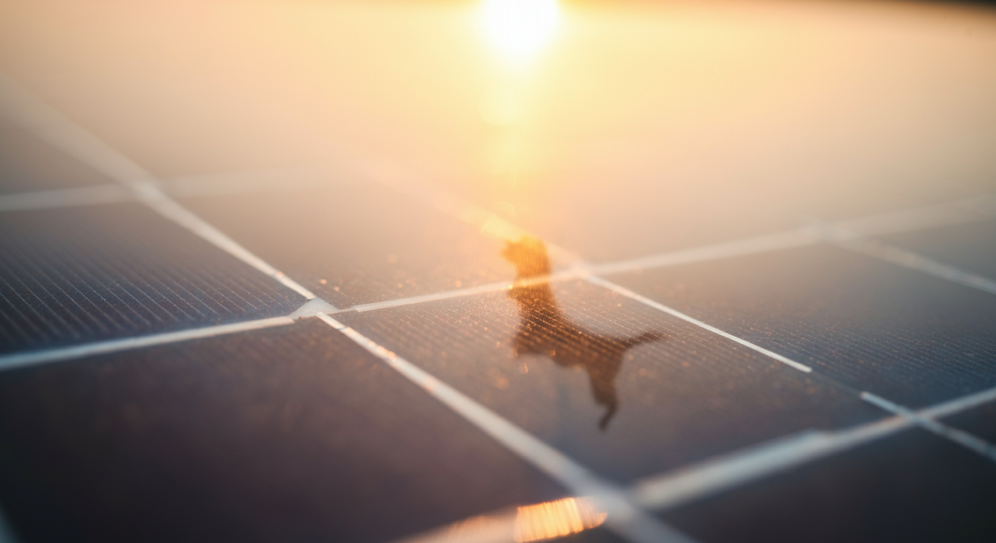 夕日を浴びるソーラーパネルの表面のクローズアップ