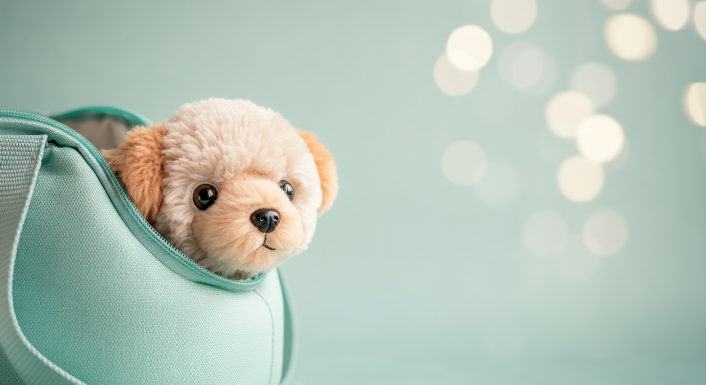 ミントグリーンのキャリーバッグの開口部から、愛犬のお気に入りであろう小さくてふわふわのおもちゃが顔を覗かせている。