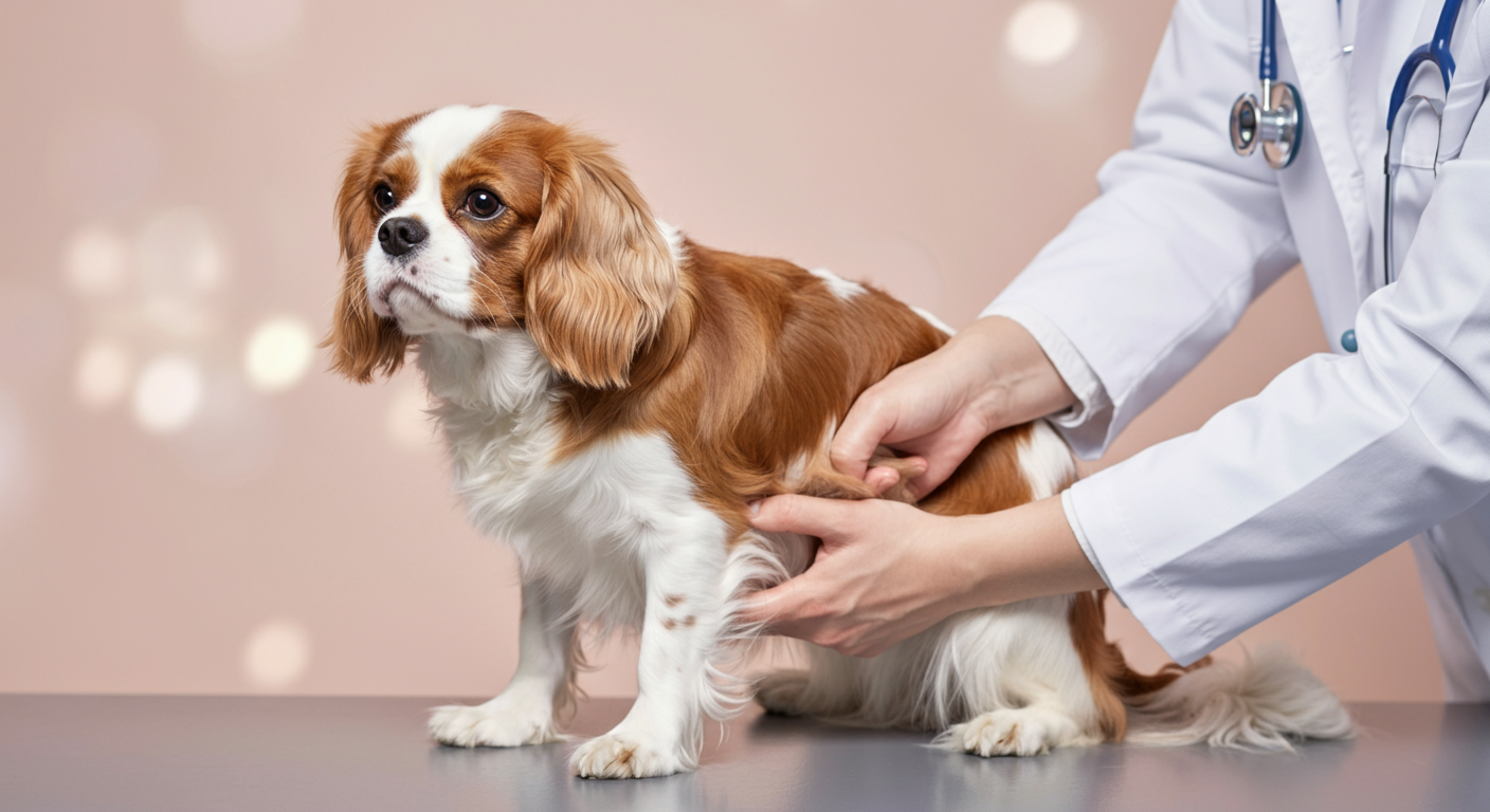獣医師が、落ち着いた様子のキャバリアの足を優しく診察している手元のクローズアップ写真。