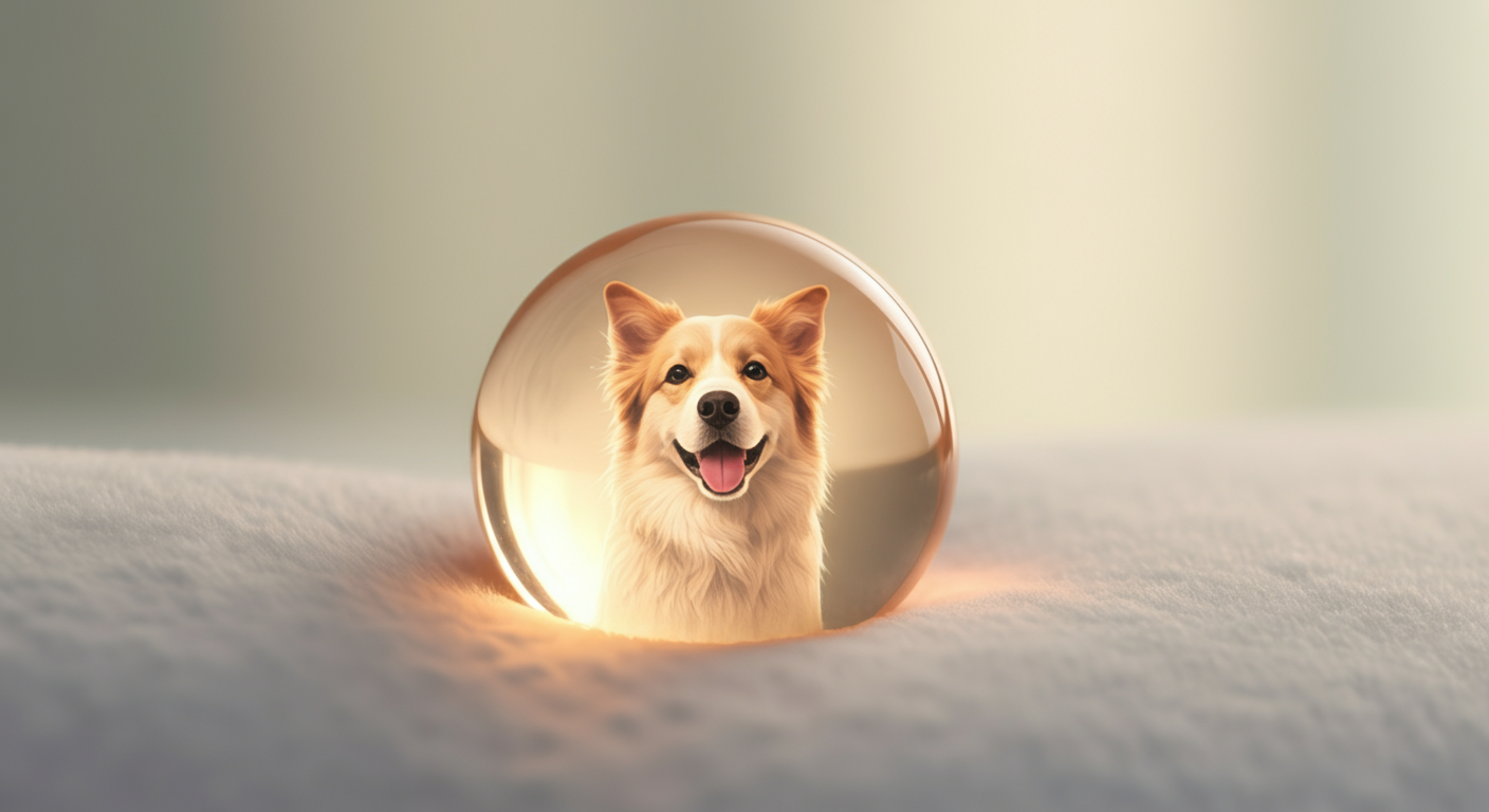 パステルカラーの背景に、犬のシルエットが中に見える光る球体のサプリメントの抽象的な写真。