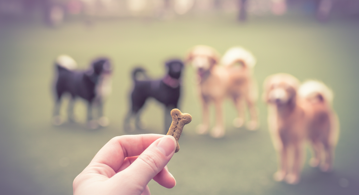 指でつまんだ一つのドッグトリーツのクローズアップ。背景にはドッグランで遊ぶ複数の犬のシルエットがぼやけて写っている。