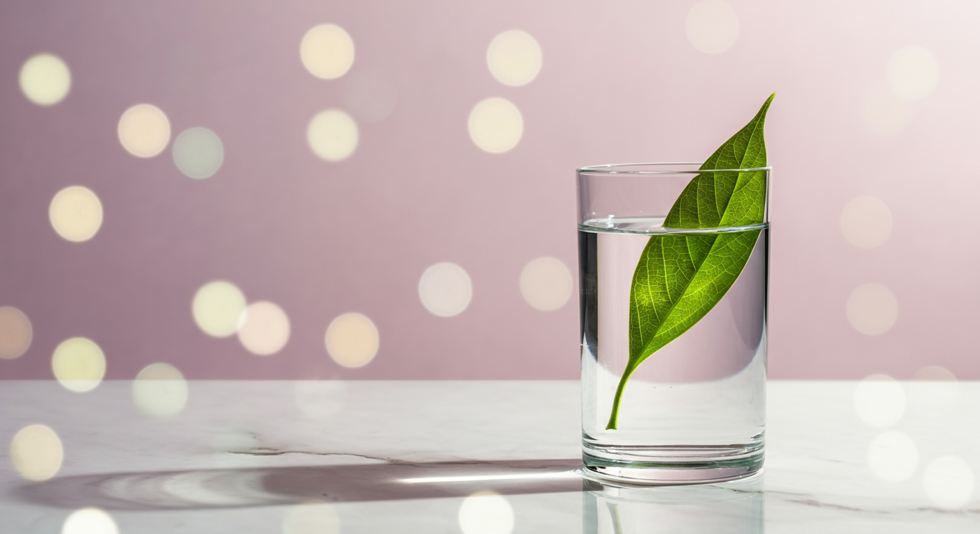 白い大理石の上に置かれた透明な水のグラス。水面に一枚の緑の葉が映り込んでいる。