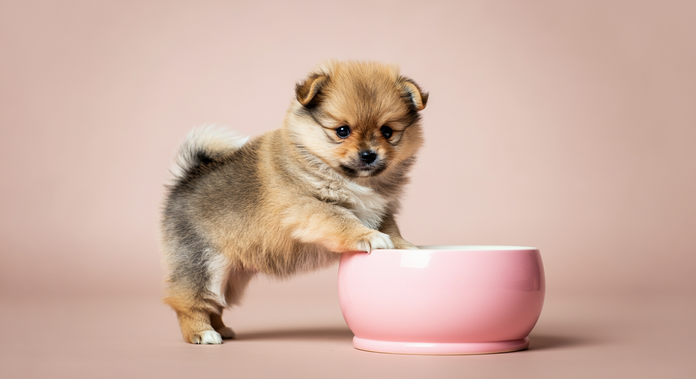 ふわふわの子犬(ポメラニアン)が、幅広で安定したパステルピンクのボウルによじ登ろうとしている。子犬の小さな足とボウルの頑丈な土台にピントが合っている。