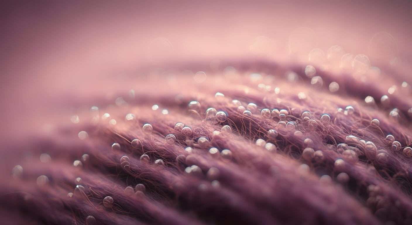 濡れた布の繊維に、目に見えない雑菌を表す小さな光る泡が付着している、抽象的なマクロ写真。