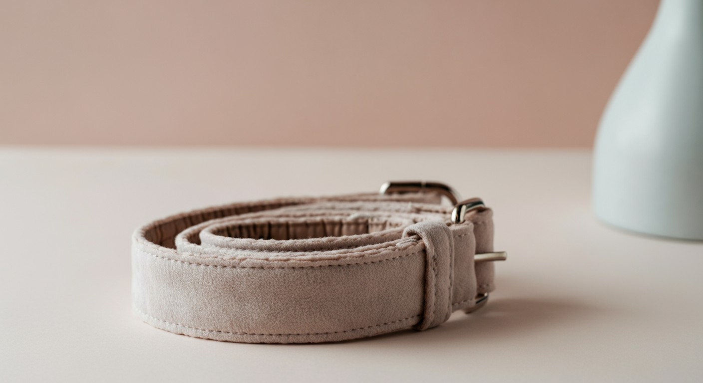 パステルカラーの背景に置かれた、清潔感のある布製のマナーベルトのクローズアップ写真。