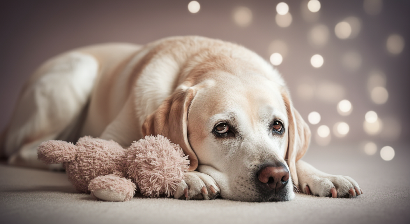 柔らかいぬいぐるみの隣で、前足に頭を乗せて休んでいるシニアのラブラドール犬の穏やかなポートレート。