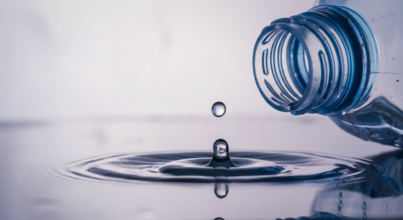 給水ボトルの継ぎ目から水滴が静かに漏れ、下に落ちて波紋を作る瞬間を捉えた写真。