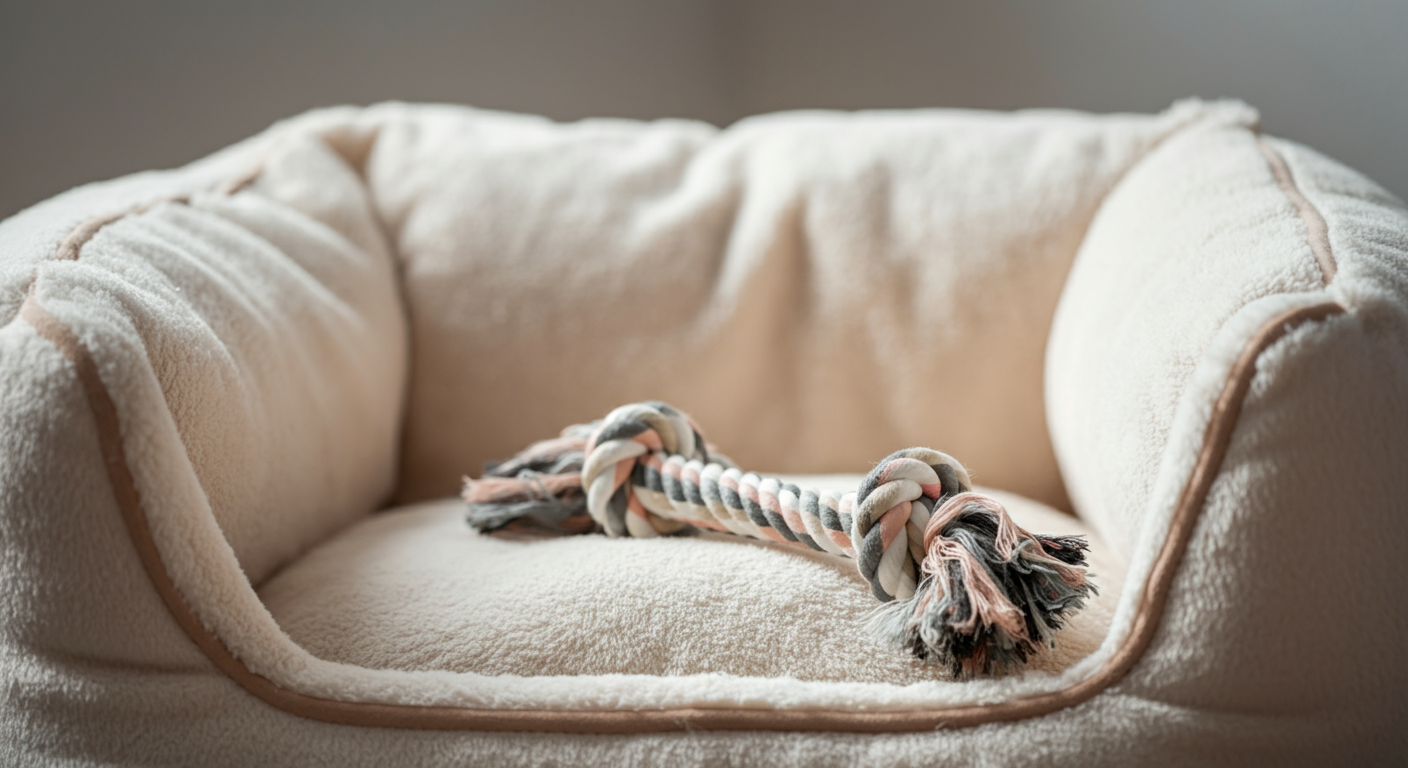 クリーム色の犬用椅子の中央にちょこんと置かれた、犬のお気に入りのおもちゃ