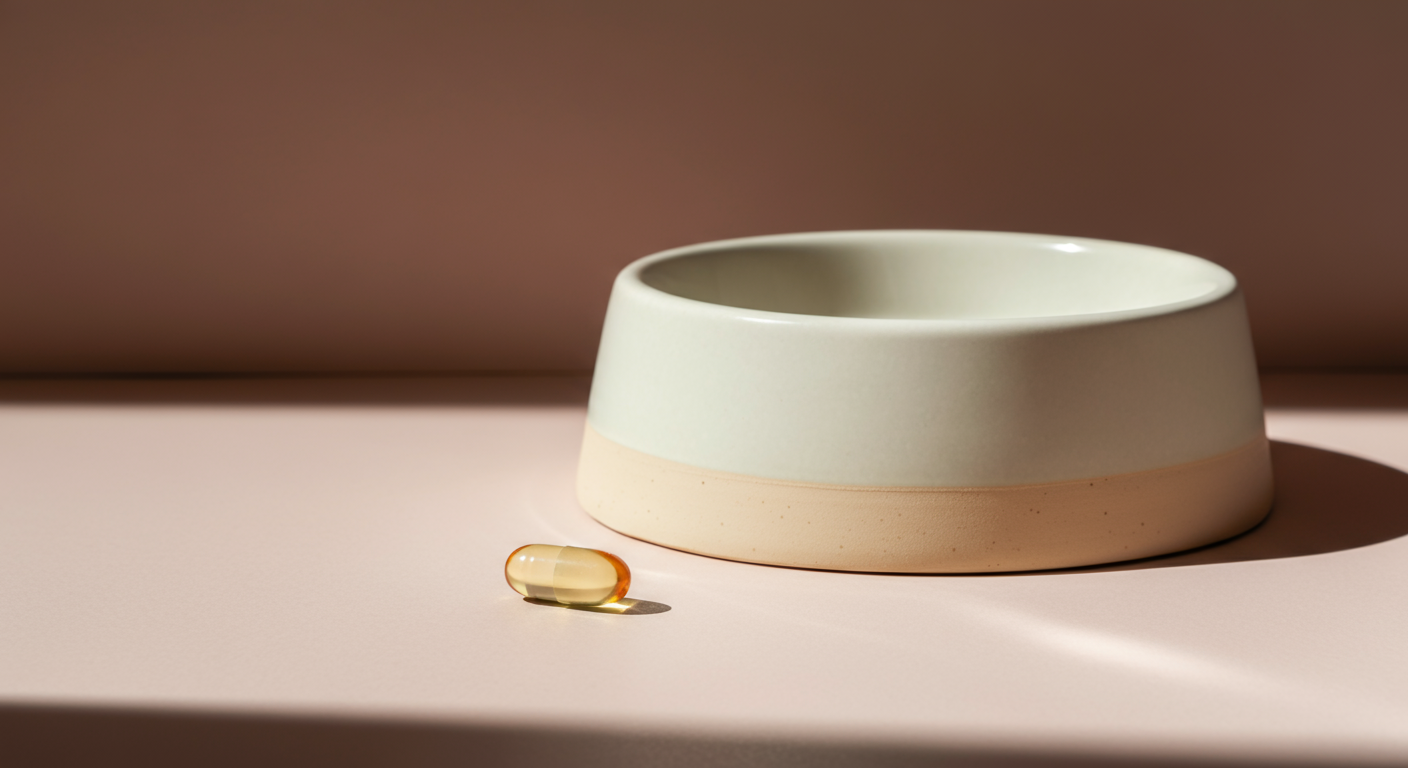 パステルカラーの背景に置かれた、犬用のフードボウルと一粒のグルコサミンサプリメント。