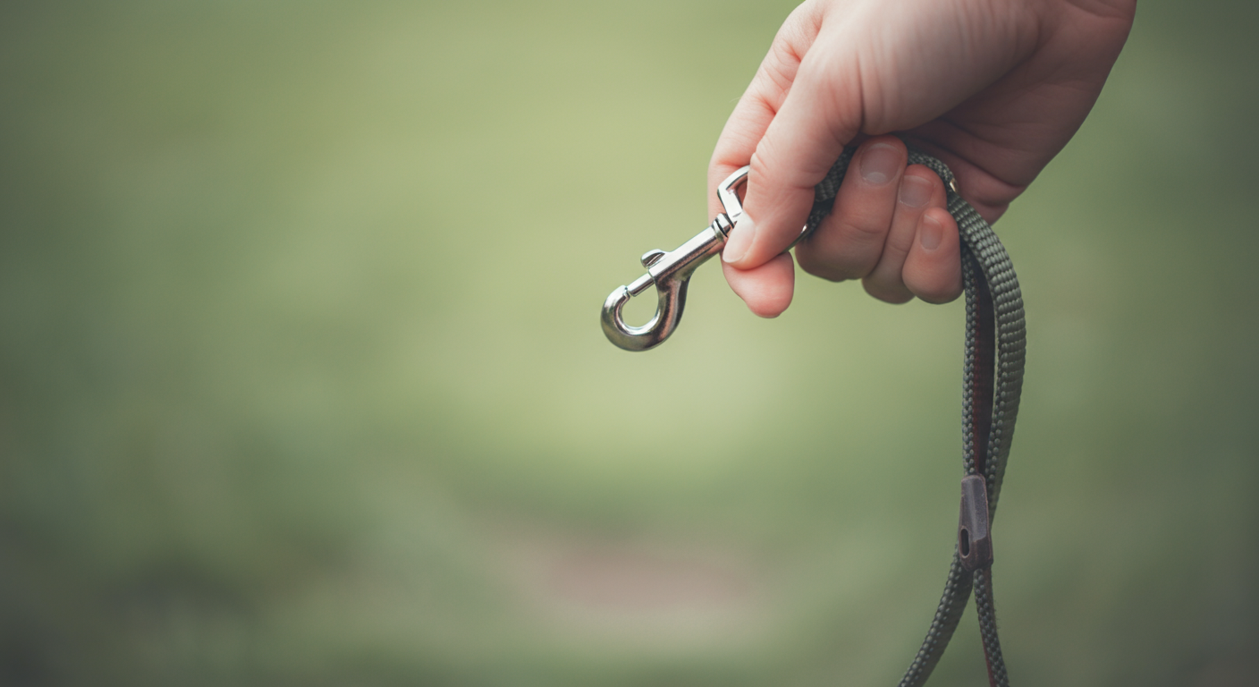 ドッグランの入り口で、リードの金具を外そうとしている飼い主の手元のクローズアップ写真。
