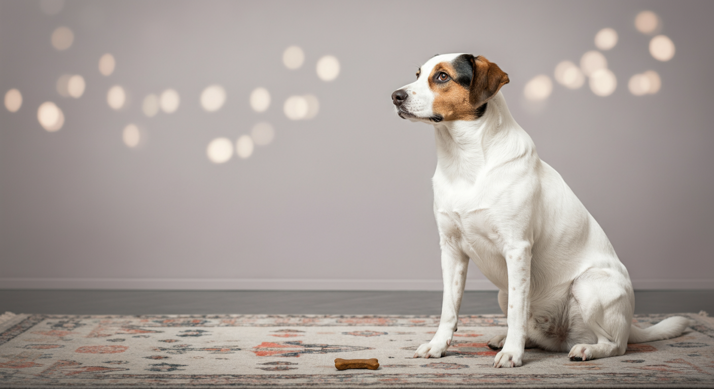 インターホンの近くで、お座りをして飼い主のことを見上げている犬の写真。