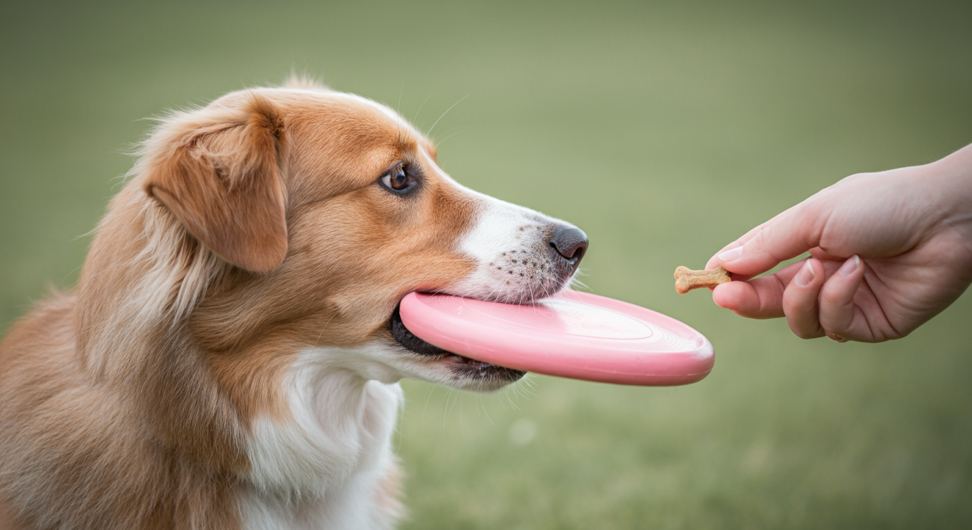 犬が口にフリスビーをくわえており、飼い主の手がその鼻先におやつを差し出している。フリスビーを手放すトレーニングの様子。