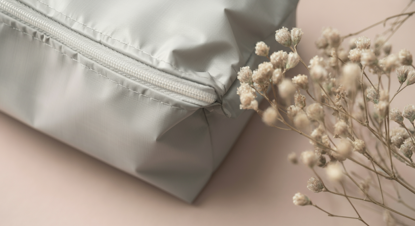 大容量マナーポーチの拡張可能なマチ部分を写したクローズアップ写真