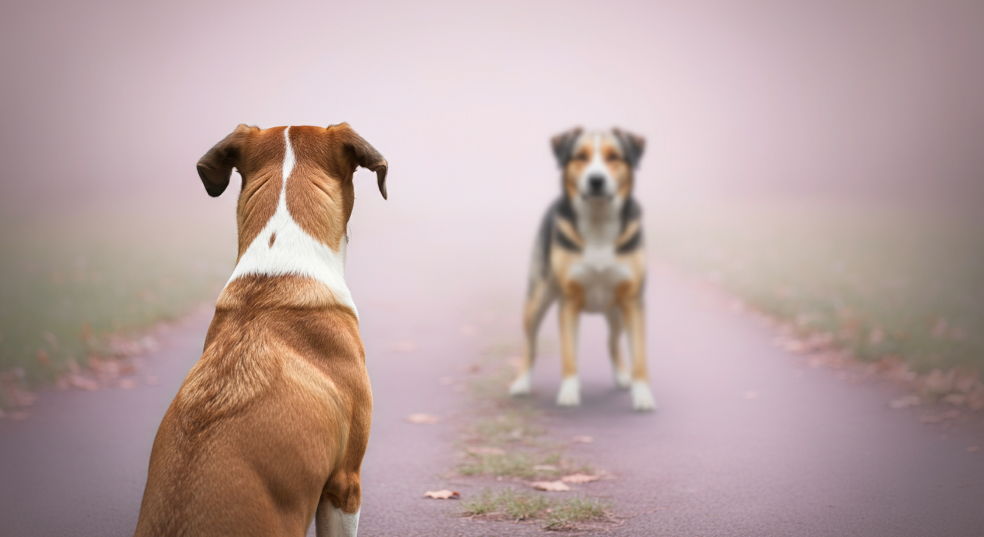 公園の小道で、遠くにいる他の犬を落ち着いて見ている犬の後ろ姿