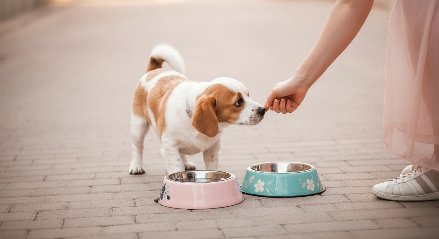 犬の目線から、飼い主が優しく自分の水飲みボウルへと誘導している手元を写した写真。