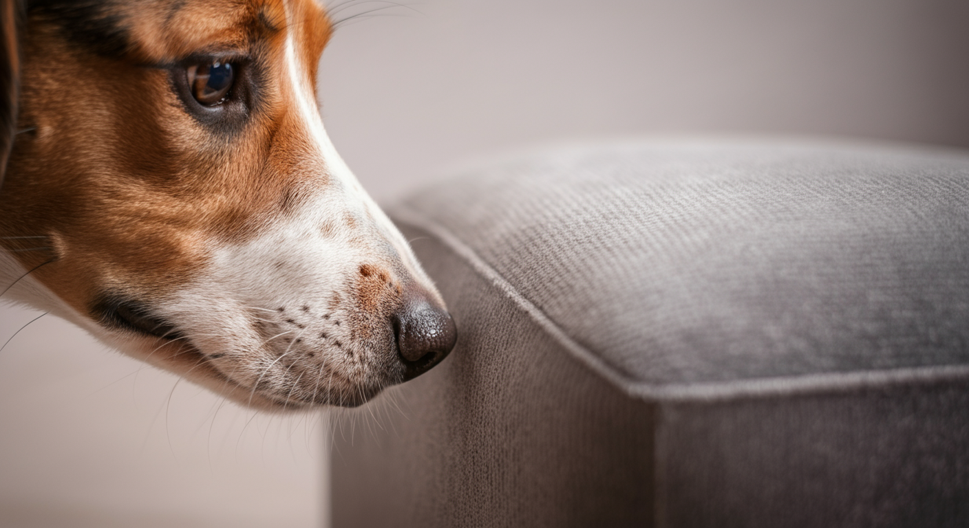 新しい犬用椅子の角の匂いを慎重に嗅いでいる犬の鼻先のクローズアップ