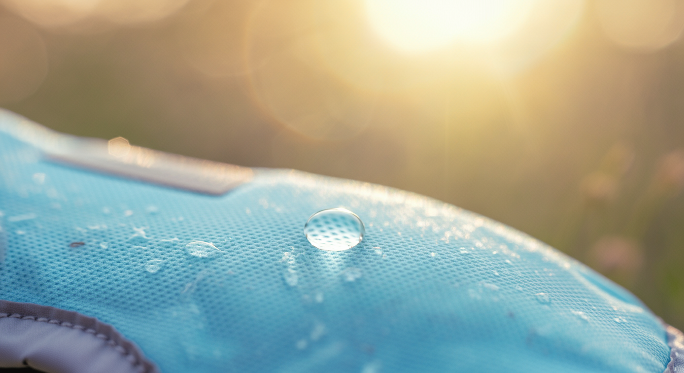 水滴が光る水色のクールウェアの生地のクローズアップ