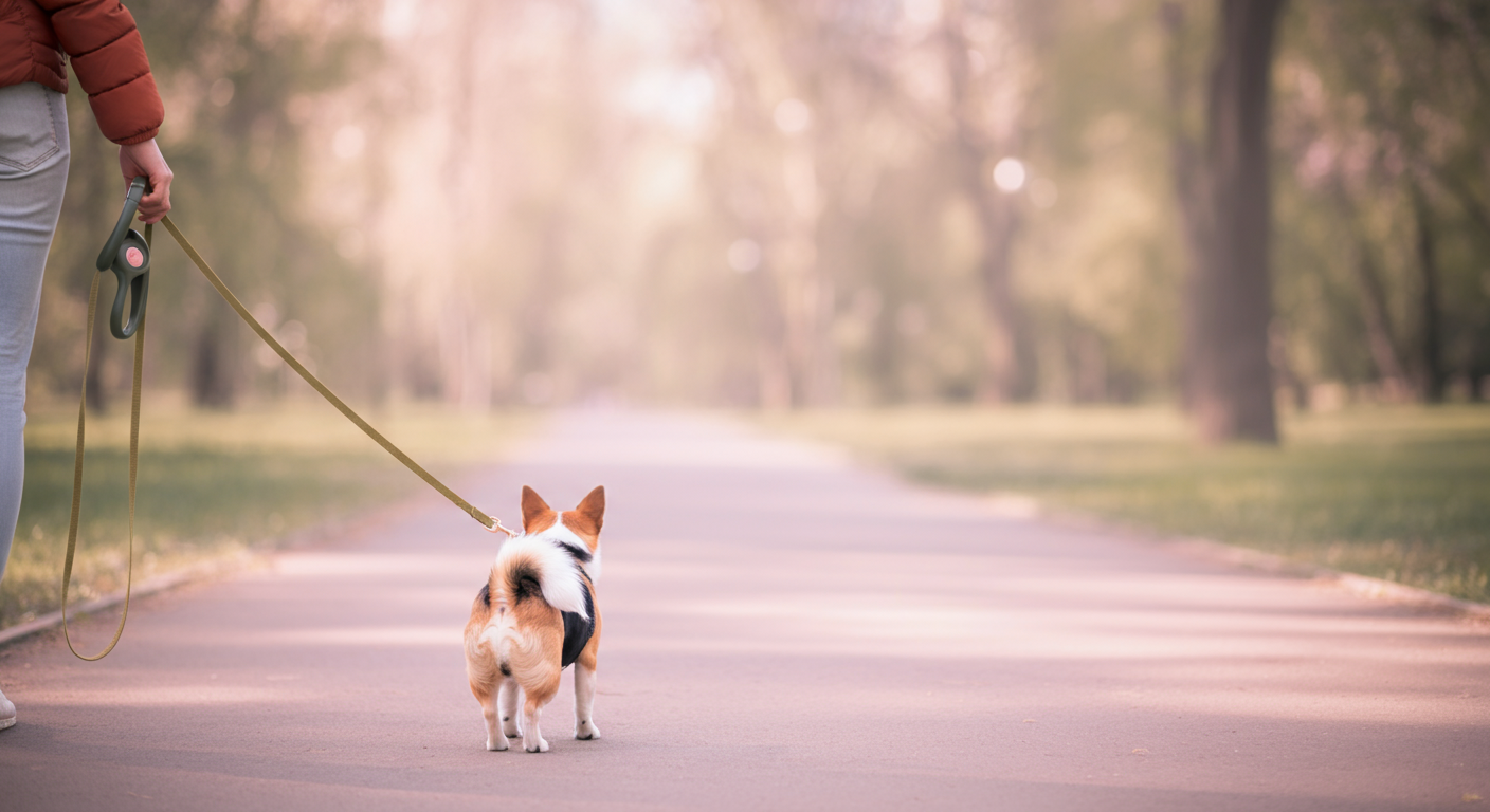 飼い主と一匹の犬が、静かな公園の小道を一緒に散歩している足元の様子。