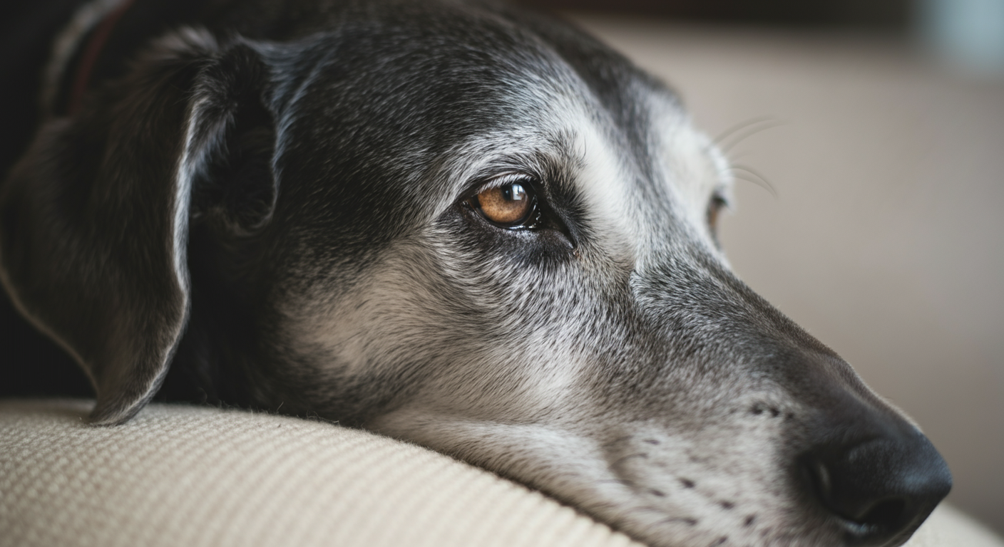 クリーム色のクッションに頭を乗せて休む老犬の、白くなった鼻先と優しい目のクローズアップ。