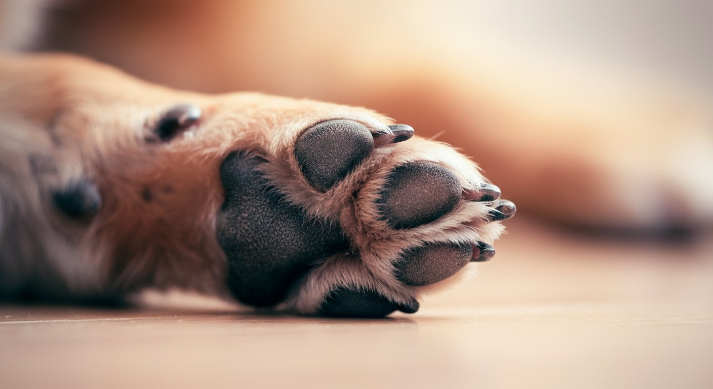 パステルカラーの背景に、フローリングの上でリラックスしている犬の足先のアップ。