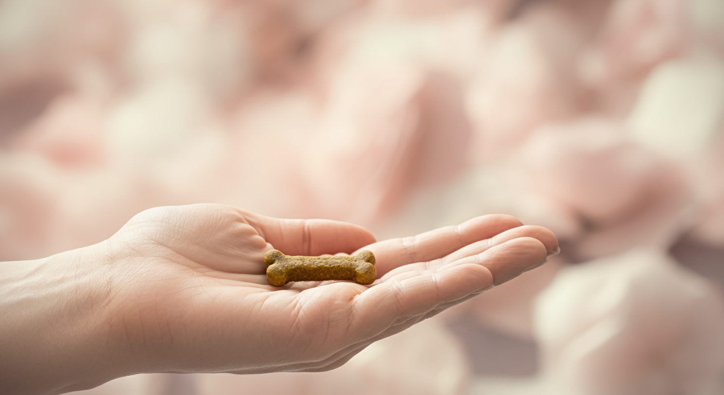 パステルカラーの柔らかな背景の中、ご褒美のおやつを一つ乗せた人間の手のひらのクローズアップ。