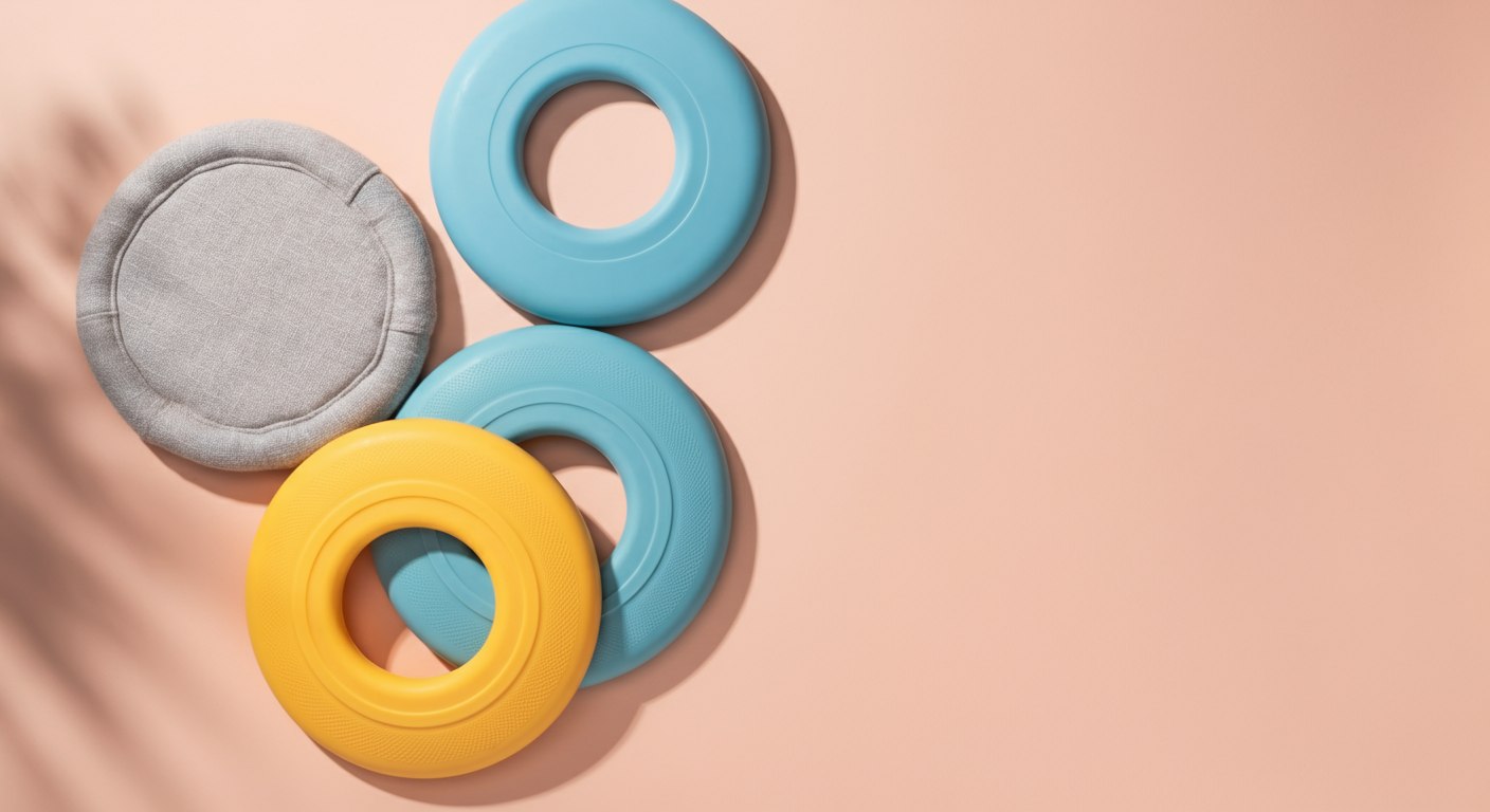 布製、シリコン製、ゴム製の3種類のフリスビーがおしゃれに並べられた写真。