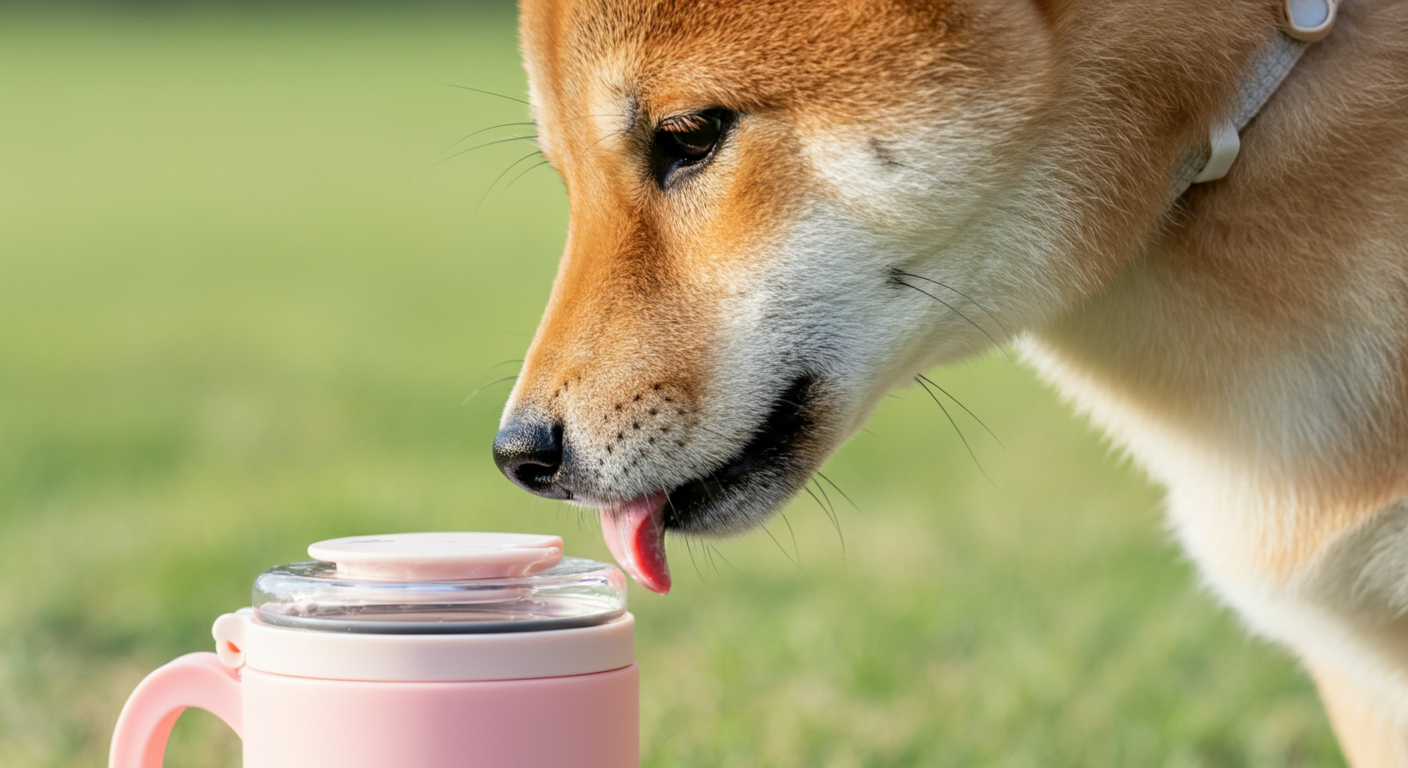 パステルピンクの携帯給水ボトルから水を飲む柴犬の子犬の横顔のクローズアップ。背景はドッグランの芝生がぼけている。