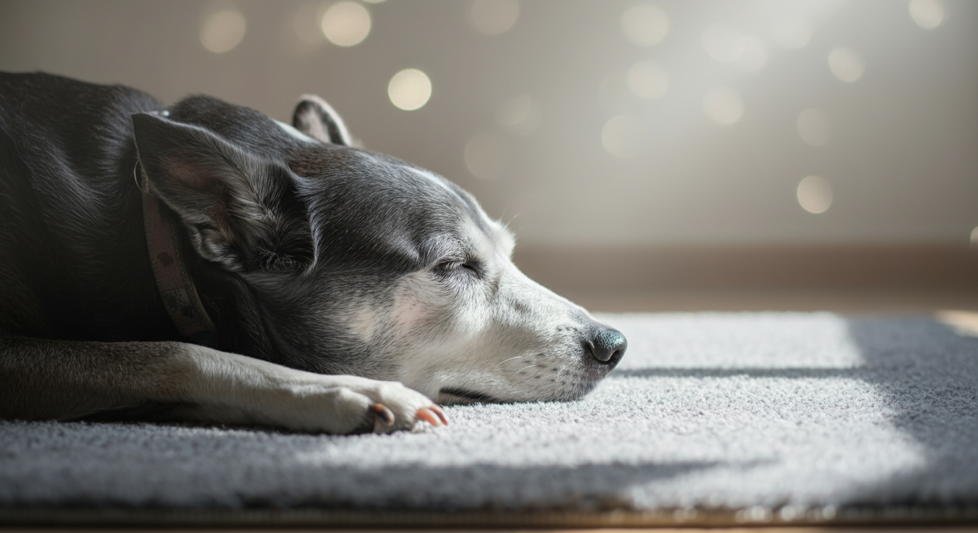 柔らかいラグの上で眠るシニア犬。一筋の光がその身体を照らしている。