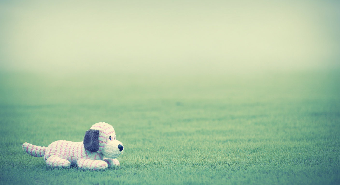 誰もいない広々とした緑の芝生の上に、犬用のおもちゃが一つだけポツンと置かれている。