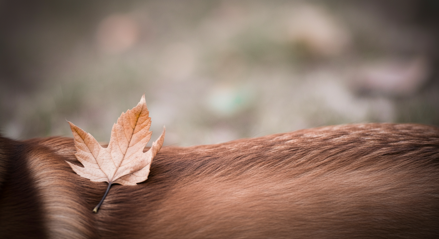 犬の背中の毛の上に一枚の枯れ葉が乗っている様子