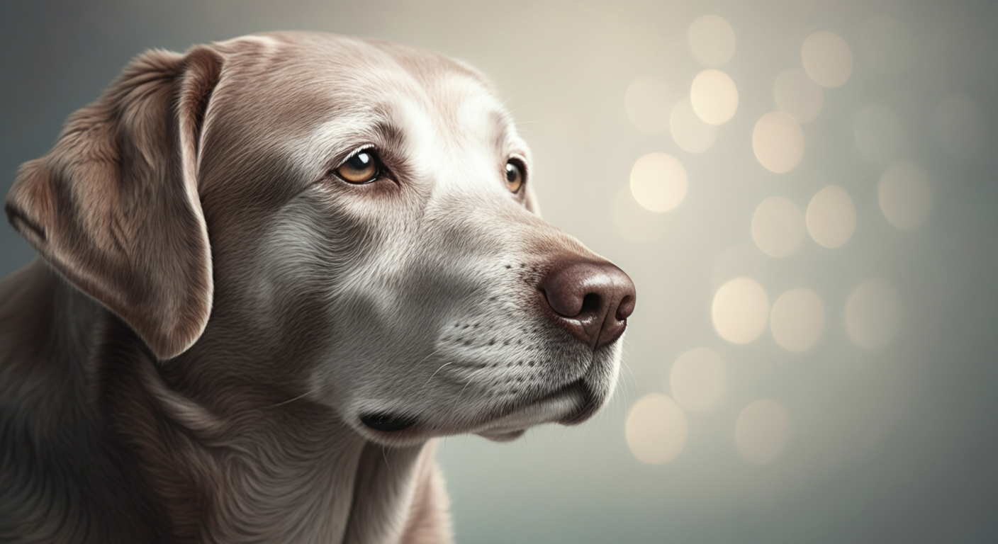 口周りが白くなったシニア犬のラブラドールの優しい顔のクローズアップ写真。