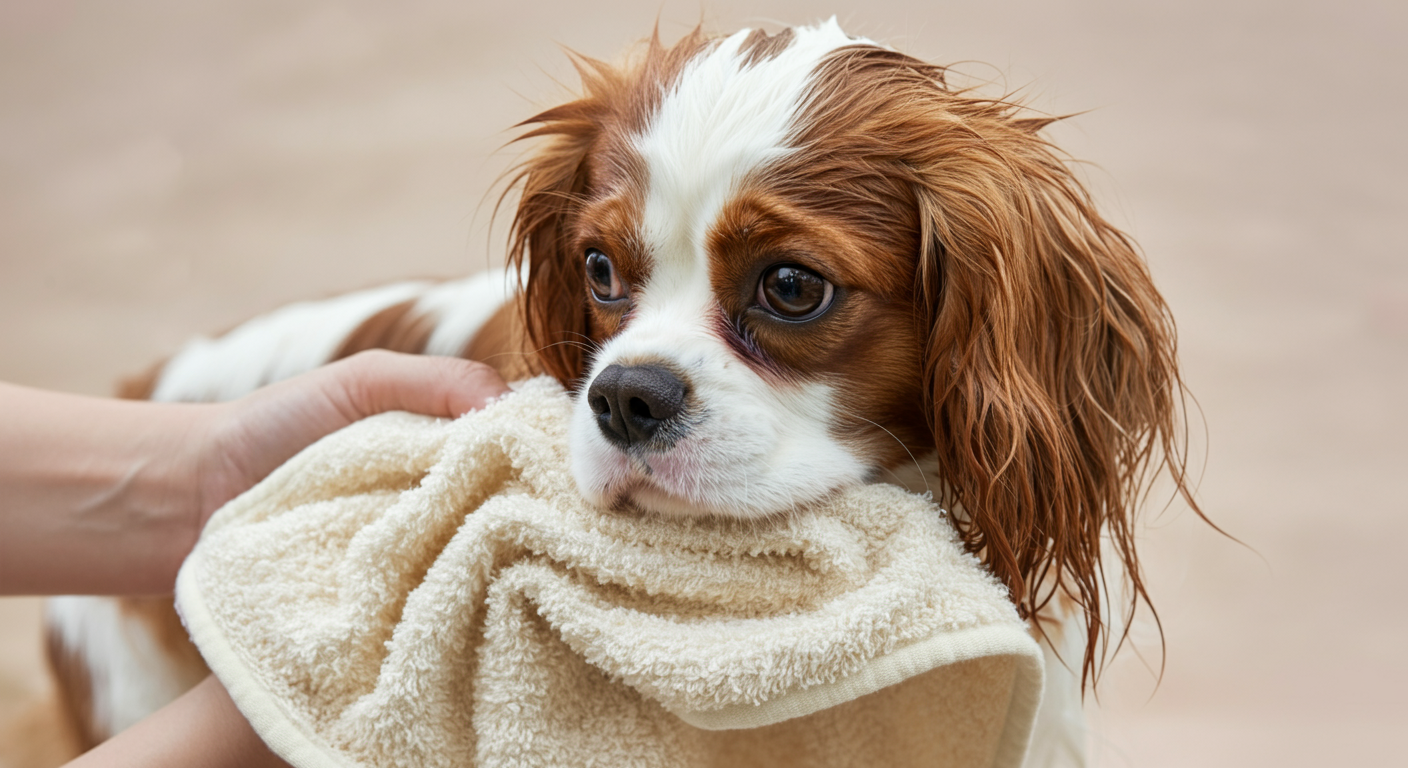 クリーム色の柔らかいタオルを、濡れた犬の背中に優しく押し当てている様子。