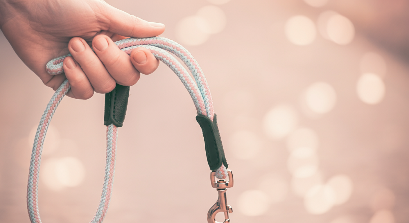 飼い主が犬のリードを優しく、しかし確実に握っている手元のクローズアップ。背景はぼけており、責任感を象徴している。