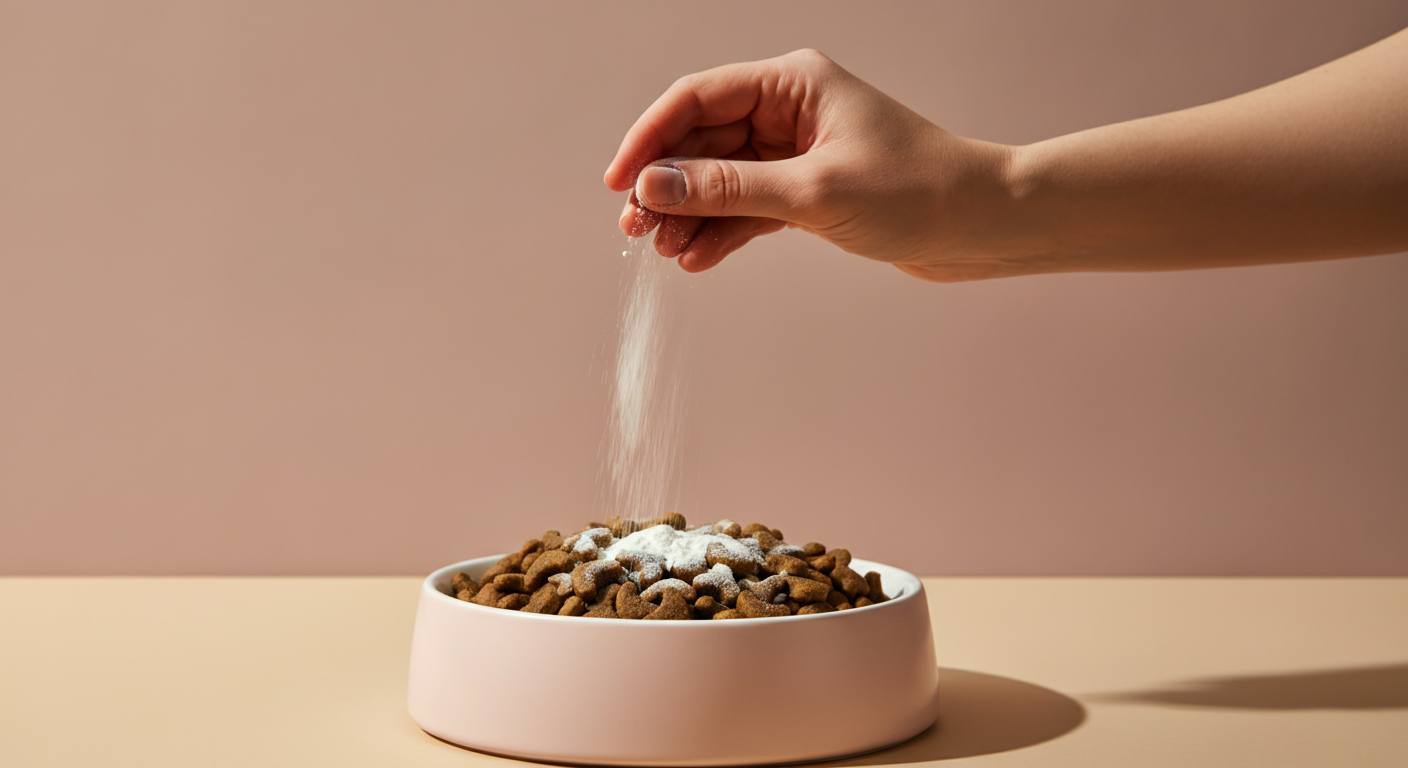 ドッグフードが入ったボウルに、人の手がMSMをイメージした白い粉末を振りかけている様子のクローズアップ。