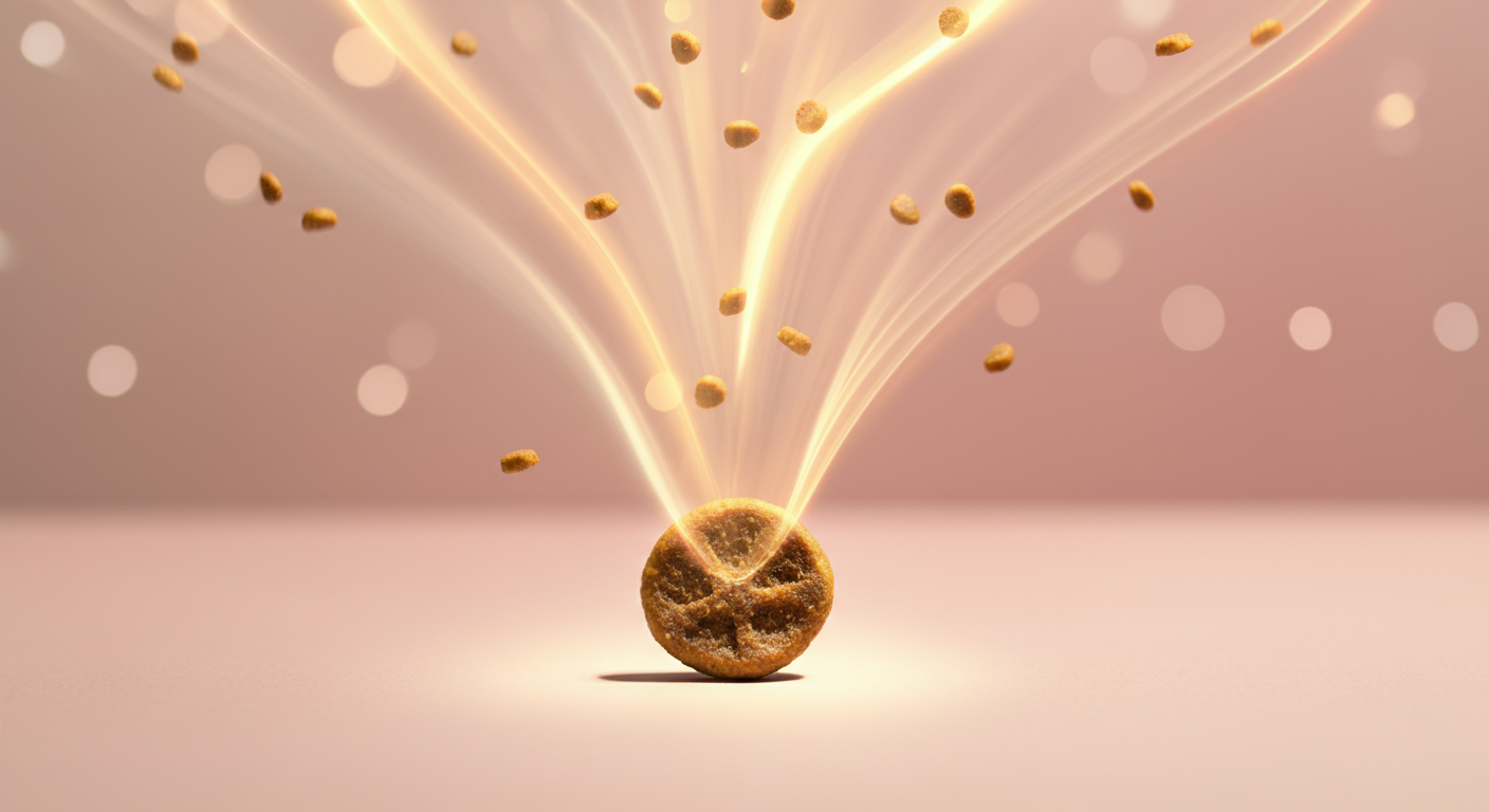 一粒のドッグフードから光の線が流れ出し、栄養とエネルギーを象徴している抽象的な写真。