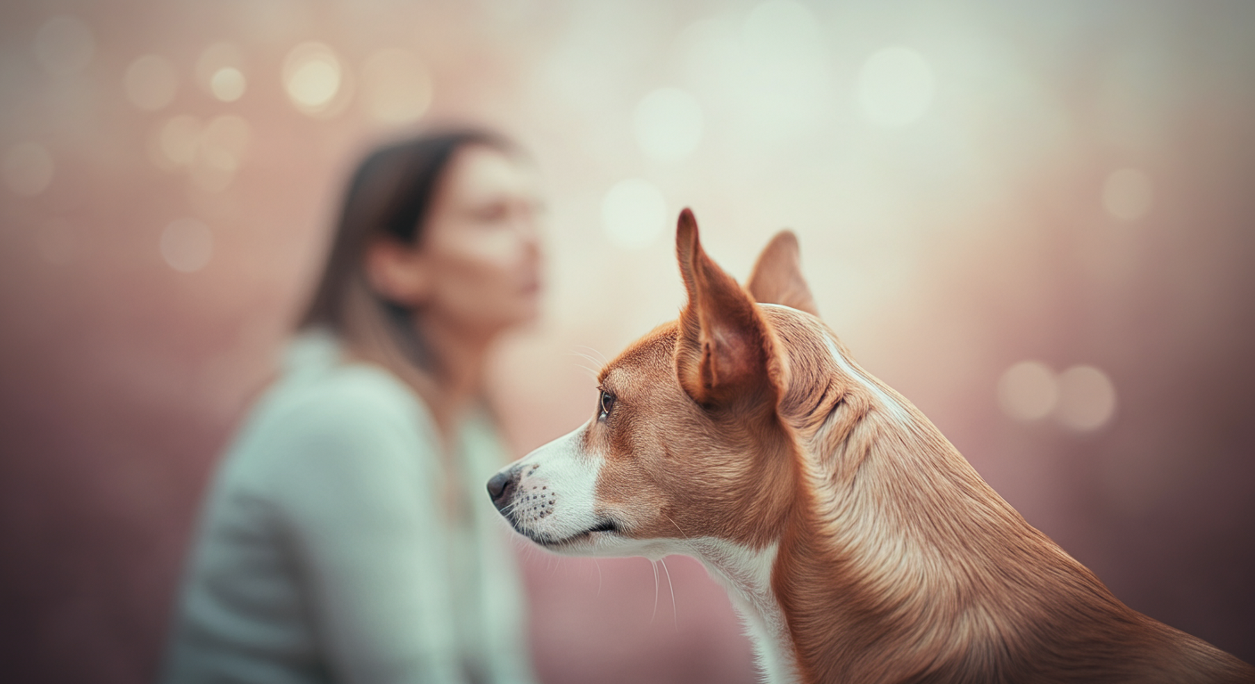 飼い主の方を向いて、片耳をピンと立てて集中して聞いている犬の横顔のアーティスティックな写真。