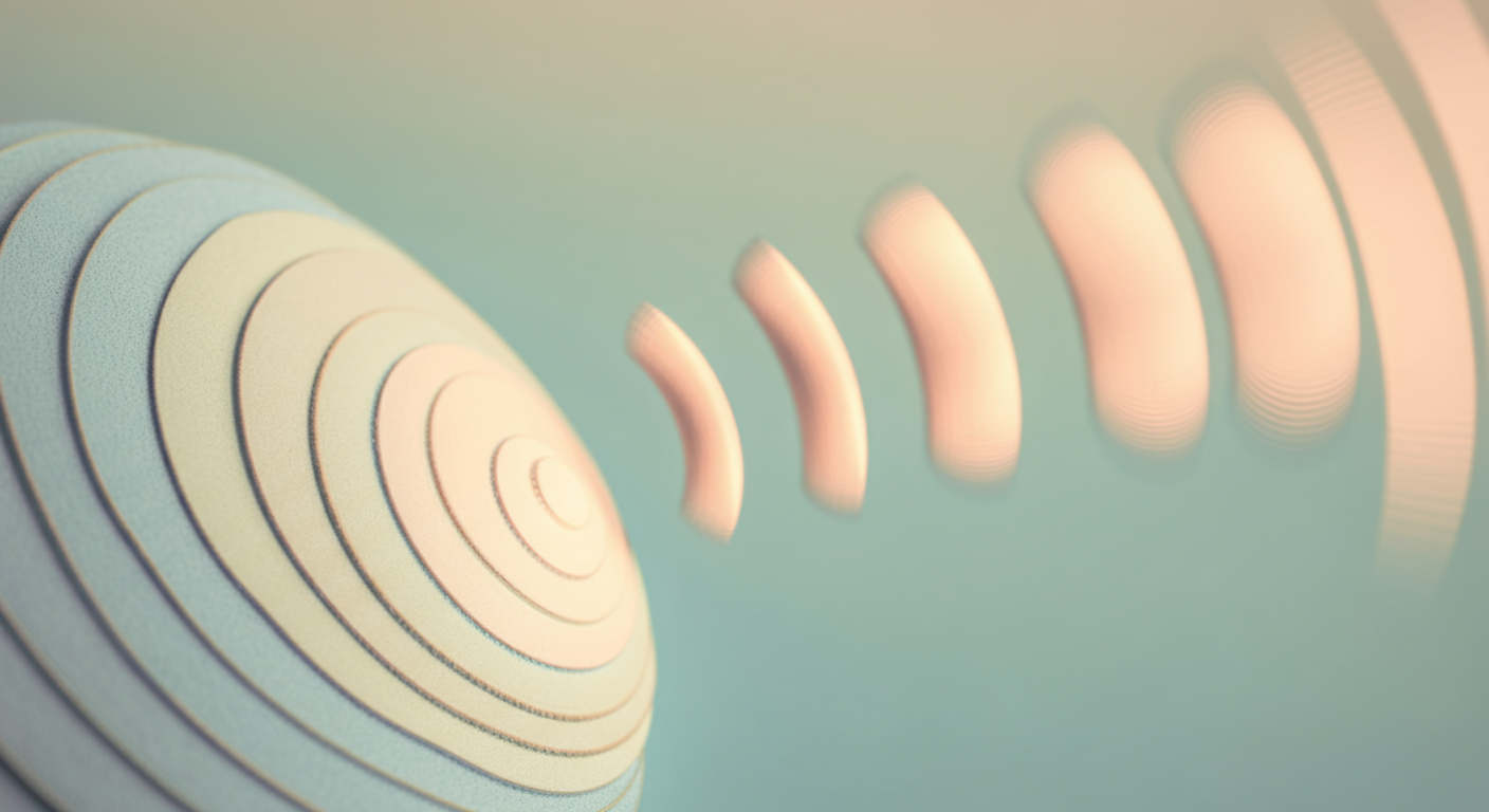 パステルカラーの穏やかな背景に、中心から同心円状に広がる柔らかな光の波紋。音の広がりを抽象的に表現している。