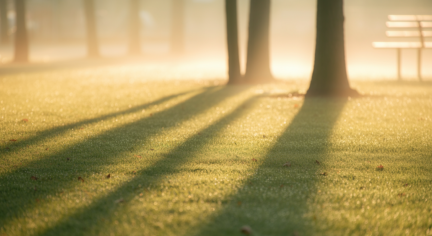 朝日が差し込む、誰もいない静かなドッグラン。露に濡れた芝生に長い影が伸びている。