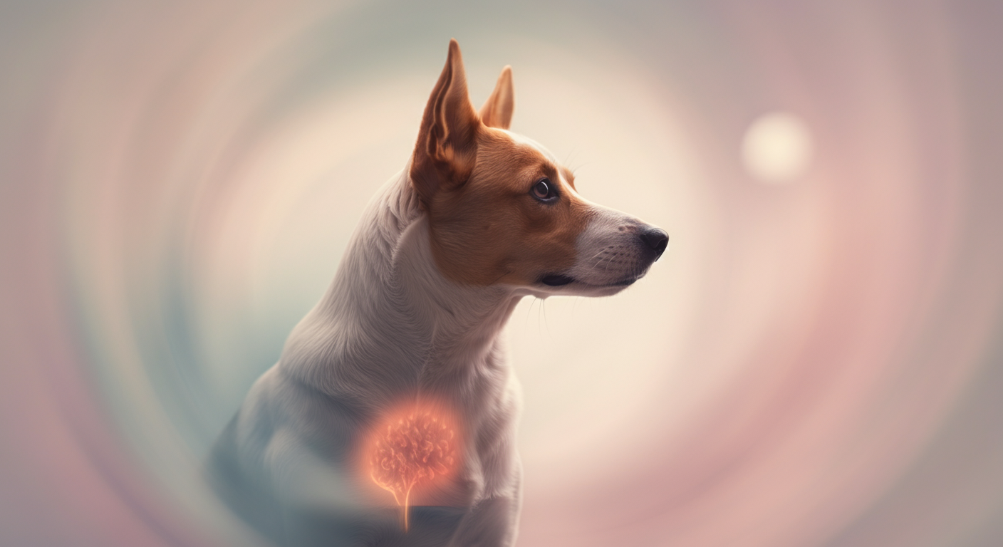 渦巻くような背景の中にいる犬のシルエットで、お腹の不調を表現した抽象的な画像