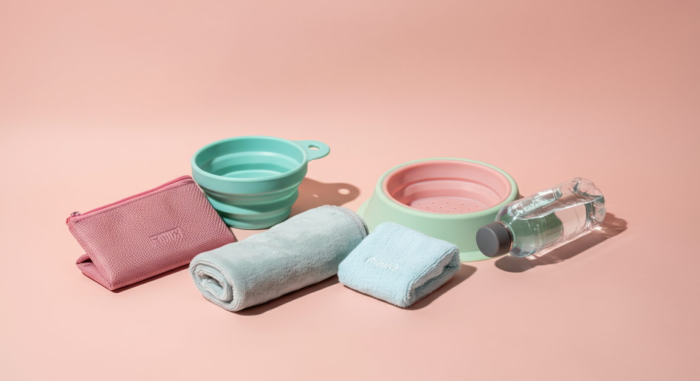 折りたたみ式の水飲みボウル、タオル、水のボトルがトリーツポーチの隣に配置されている。