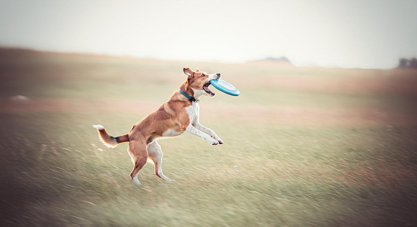 太陽の光が降り注ぐ野原で、一匹の犬が楽しそうにフリスビーをキャッチしている。