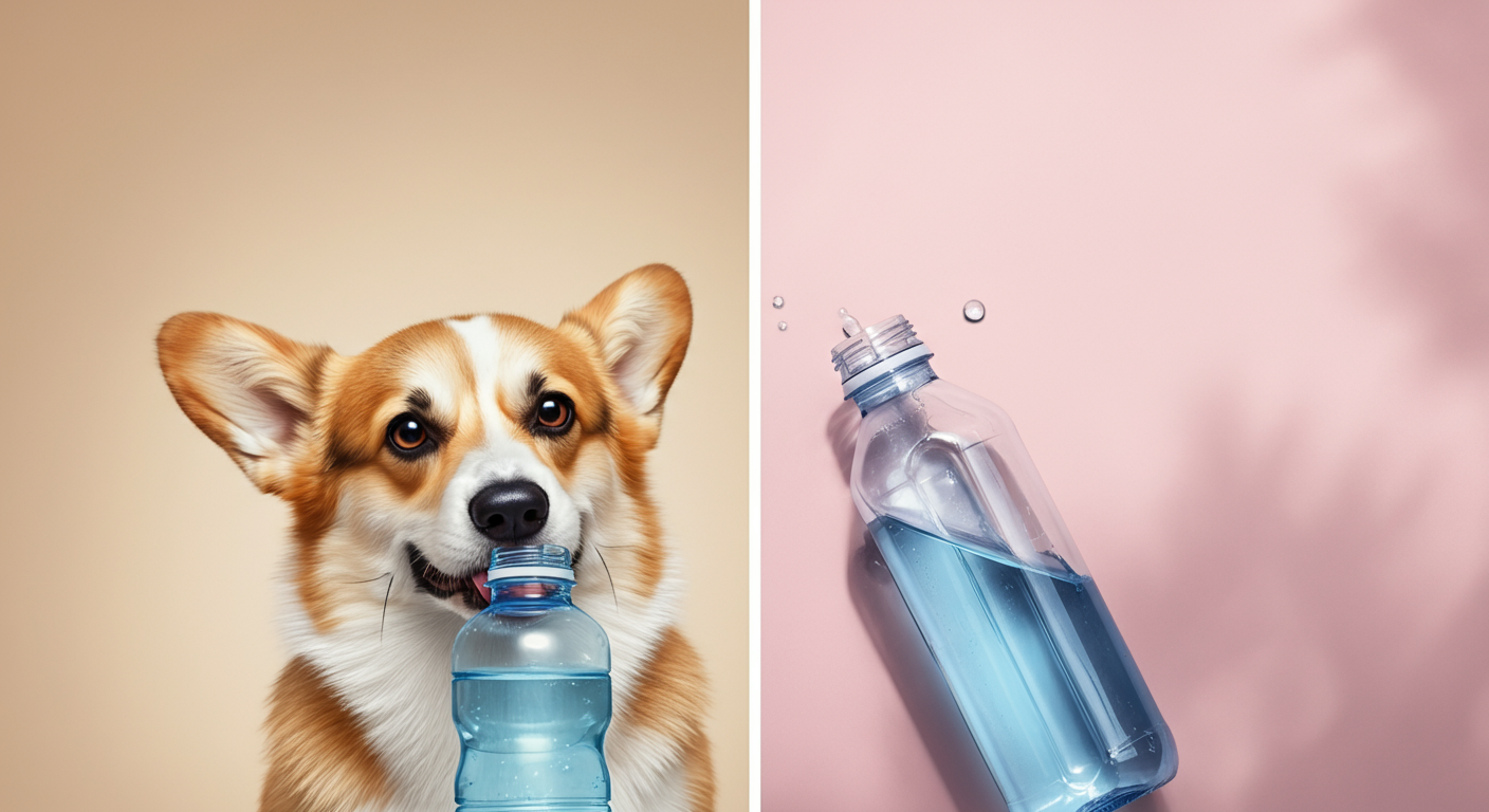 給水ボトルから水を飲む幸せそうなコーギーと、空になったボトルが置かれた抽象的な空間を対比させた写真。